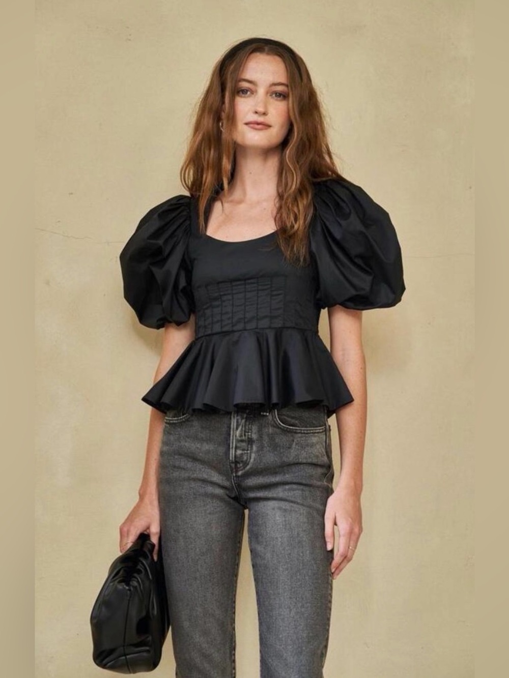 Hunter Bell NY Camille Puff Sleeve Classic Black Peplum Feminine Top Dramatic